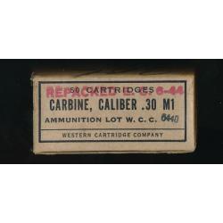 Belle boite vide d'origine , De 50 cartouches 30 carbine USA ww2 1944 par WESTERN Cart. Co Repacked