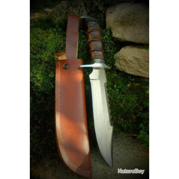 Poignard Couteau De Chasse Bowie Lame Acier Carbone 1055 Etui Cuir Manche Bois Fabricat Artisanale