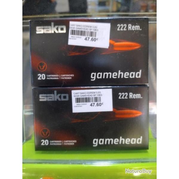 Lot de deux botes de balles sako gamehead calibre 222 rem 3.2g 50 gr soft point