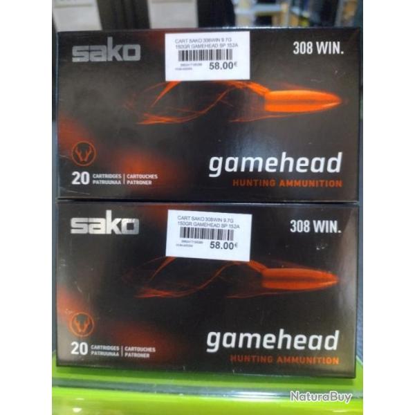 Lot de deux botes de balles sako 308 win gamehead 9.7g/150gr soft point boat tail