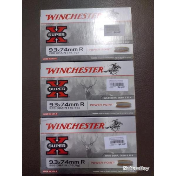 Lot de trois botes de balles winchester power point calibre 9.3x74R 286 grains 18.5g