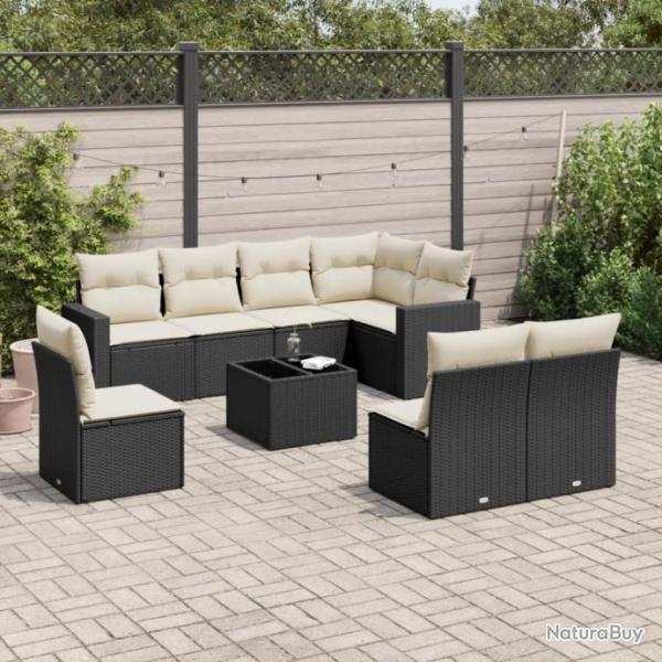 Salon de jardin 9 pcs avec coussins noir rsine tresse