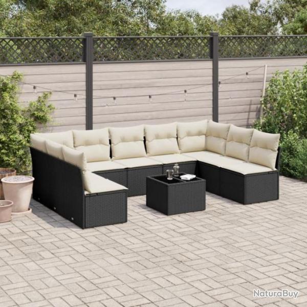 Salon de jardin 10 pcs avec coussins noir rsine tresse