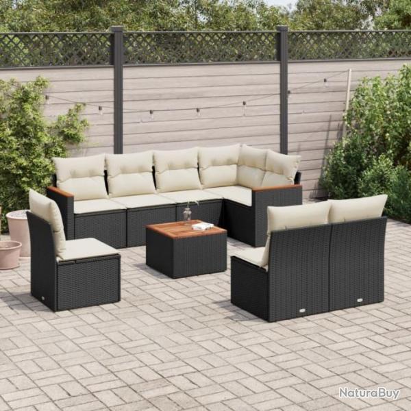 Salon de jardin 9 pcs avec coussins noir rsine tresse