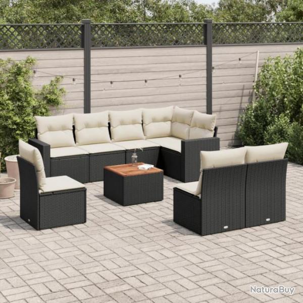 Salon de jardin 9 pcs avec coussins noir rsine tresse