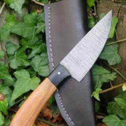 Skinner Couteau Damas Lame 256 Couches Manche Bois/Micarta Fabrication Artisanale Etui Cuir