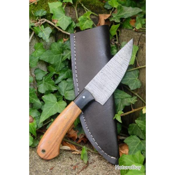 Skinner Couteau Damas Lame 256 Couches Manche Bois/Micarta Fabrication Artisanale Etui Cuir