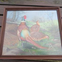 Toile peinte en Pigments sur soie représentant"Coq faisant et poules faisanes dans un sous-bois(XXé)