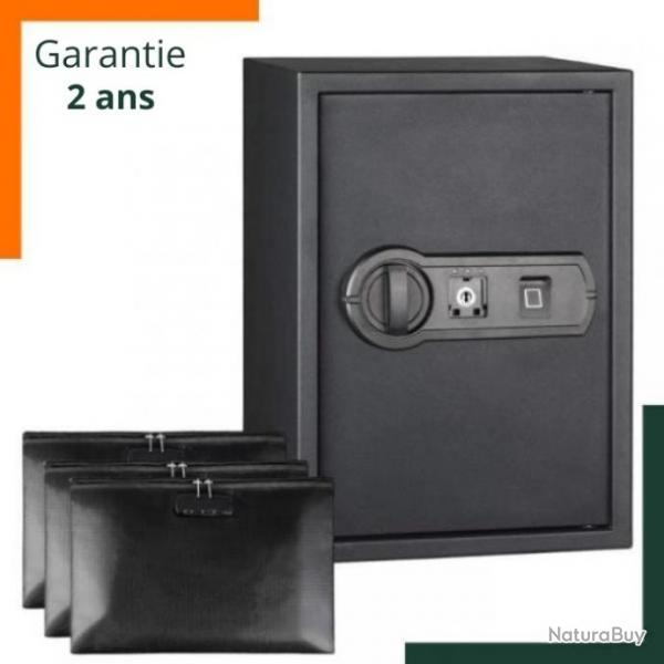 Coffre fort pour arme de poing - Ouverture avec empreinte digitale et cl - 3 sacs ignifuges offerts