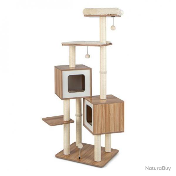 Arbre  chat en bois 163 cm avec 3 plateformes 2 niches 3 balles griffoirs en sisal perchoir coussi