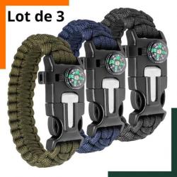 Lot de 3 bracelets de survie avec boussole intégrée, allume-feu, corde, sifflet d'urgence et couteau