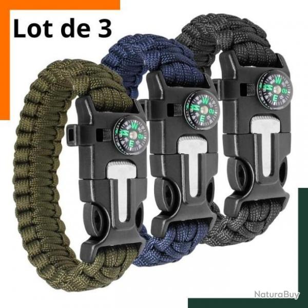 Lot de 3 bracelets de survie avec boussole intgre, allume-feu, corde, sifflet d'urgence et couteau