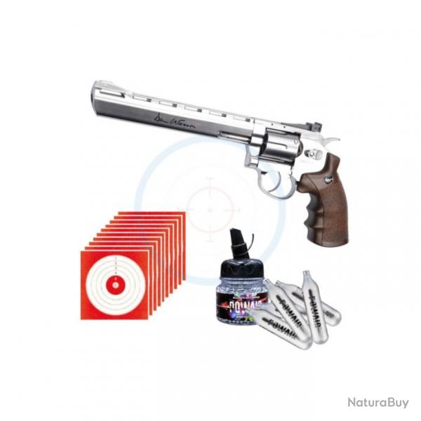 Pack REVOLVER GNB DAN WESSON 8'' CHROME 4,5 BB'S + 10 Cibles + 5 Capsules CO2 + 1500 Billes acier