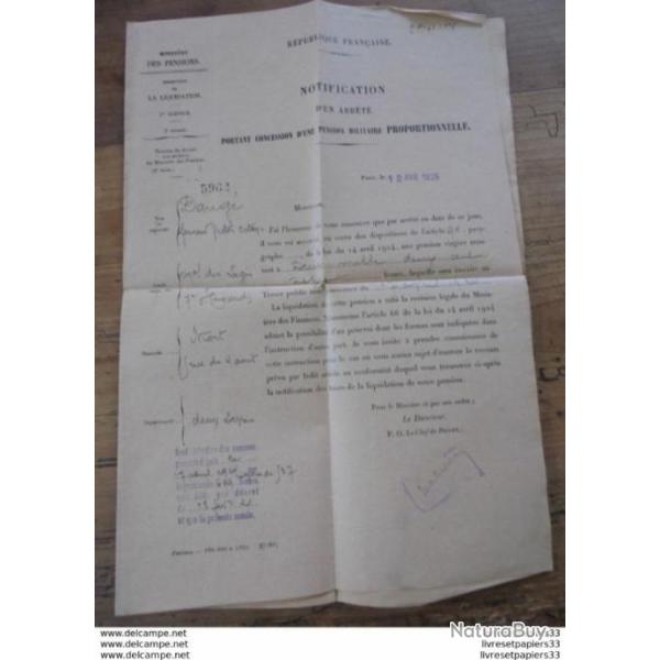 NOTIFICATION PENSION MILITAIRE 1925 Mal Des Logis 7e Hussards Fernand Dang