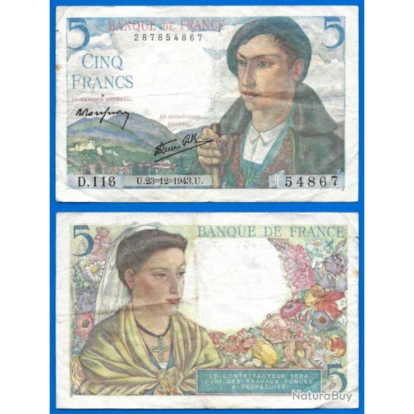 France 5 Francs 1943 23 Decembre Berger Billet Franc Frcs Frc Frs