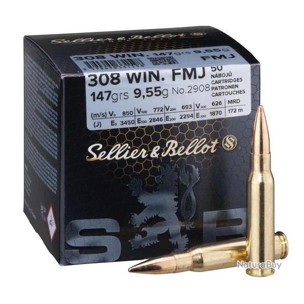 BOITE DE 50 CARTOUCHES SELLIER BELLOT CAL.308WIN FMJ 147GRS