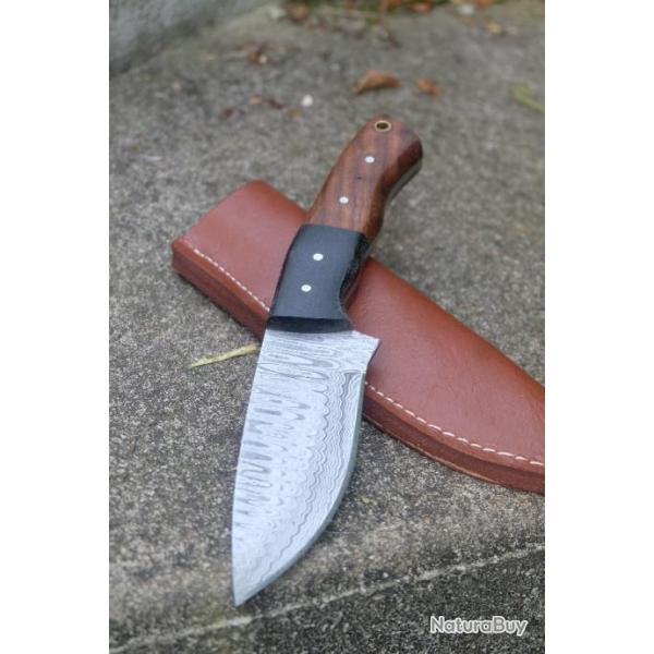 Skinner Couteau Damas Lame 256 Couches Manche Bois/Micarta Fabrication Artisanale Etui Cuir 001