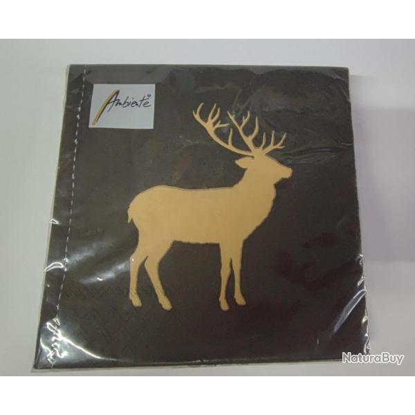 20 SERVIETTES PAPIER NOIR CERF DORE 16.5x16.5CM