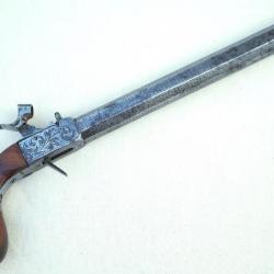 RARE magnifique GRAND Pistolet à coffre à percussion et canon damas calibre 13 mm - époque XIXième