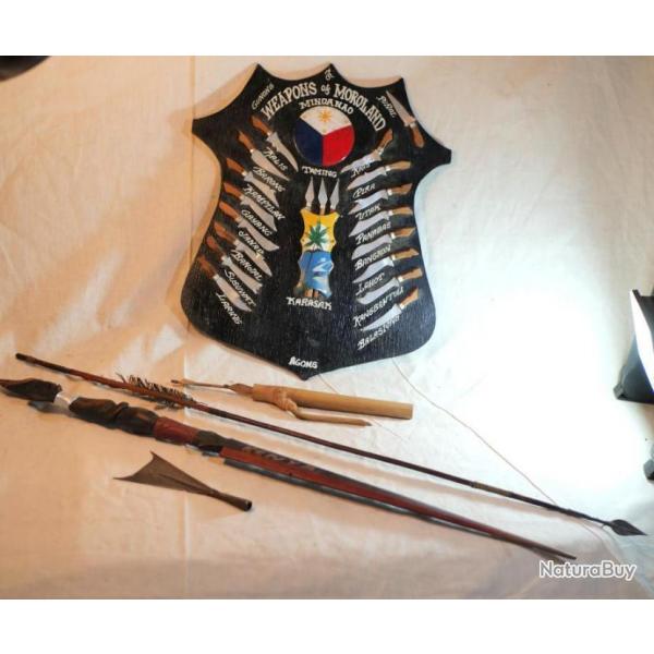 RARE Lot d'armes ethniques flches + lments sarbacanes + bouclier souvenir  Moroland Weapons