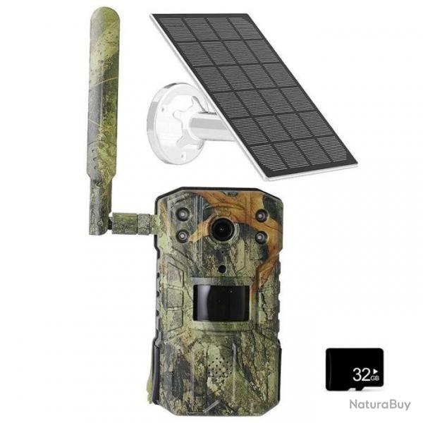 Camra de Chasse 14MP 4G Mem 32Go Solaire Impermable PIR Camra Vision Nocturne 30m Dtection