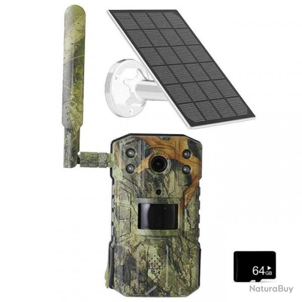 Camra de Chasse 14MP 4G Mem 64Go Solaire Impermable PIR Camra Vision Nocturne 30m Dtection