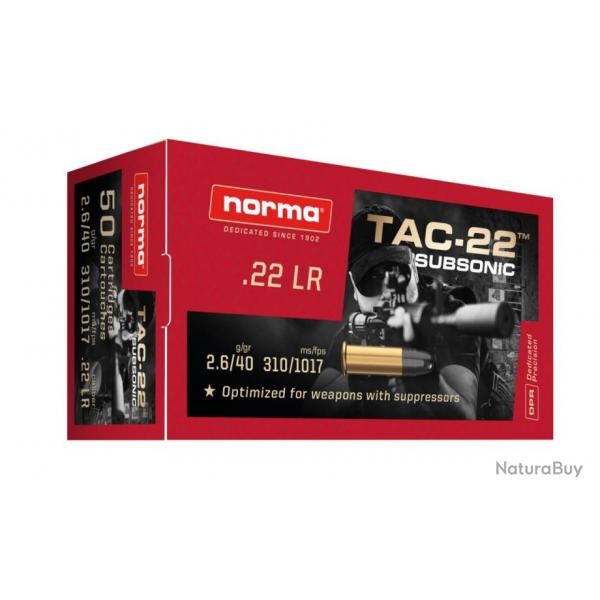 Cartouches Norma 22LR 2.6G/40GR TAC-22 Subsonic Hollow Point (Spcial Silencieux)Boite de 50 10 boit