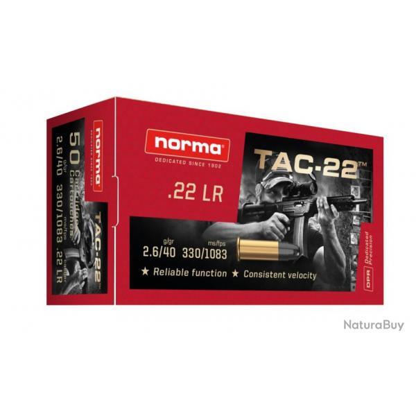 Cartouches Norma 22LR 2.6G/40GR TAC-22 LRN Boite de 50 20 boites pour 1000 munitions