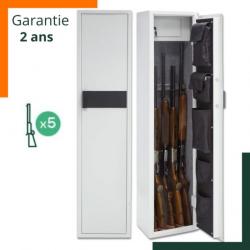 Armoire forte pour 5 fusils + petit coffre intégré - Acier - Garantie 2 ans - Blanc