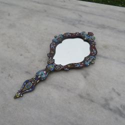 VINTAGE - Ancien Miroir à Main en Bronze en émaux Cloisonné, émaillés - FRANCE (XIXé)