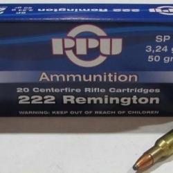 1 boite neuve de 20 cartouches Partizan  de calibre 222 Remington, 50 grains , SP Soft Point