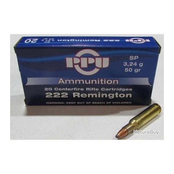 1 boite neuve de 20 cartouches Partizan  de calibre 222 Remington, 50 grains , SP Soft Point