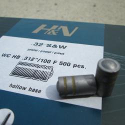 ogives balles hollow base  WADCUTTER en 32 S&W .313 par 500 de chez H&N