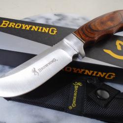 Couteau de Chasse Browning Skinner Manche Bois Lame Acier Inox Etui Nylon BR0487