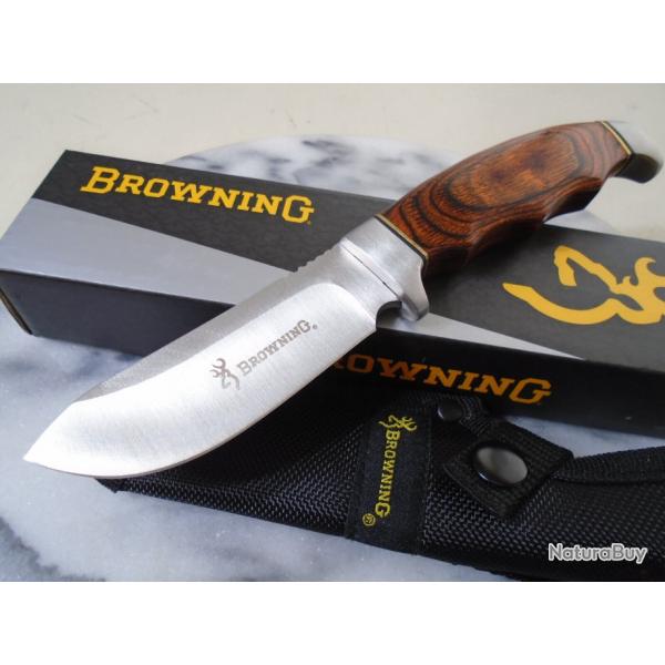 Couteau de Chasse Browning Skinner Manche Bois Lame Acier Inox Etui Nylon BR0487