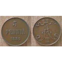 Finlande 5 Pennia 1889 Piece Europe Penny Finland