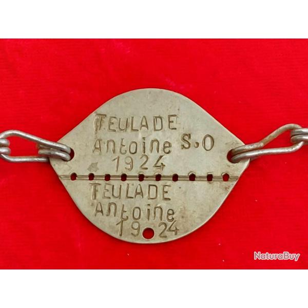 Plaque d'identit soldat franais WW2 TEULADE ANTOINE