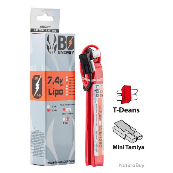 2 sticks batterie Lipo 2S 7.4V 1200mAh 25C Mini Tamyia