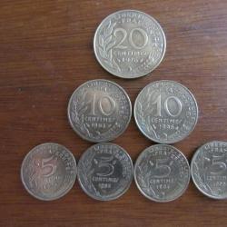 Lot 7 pièces centimes de franc 1976-1998