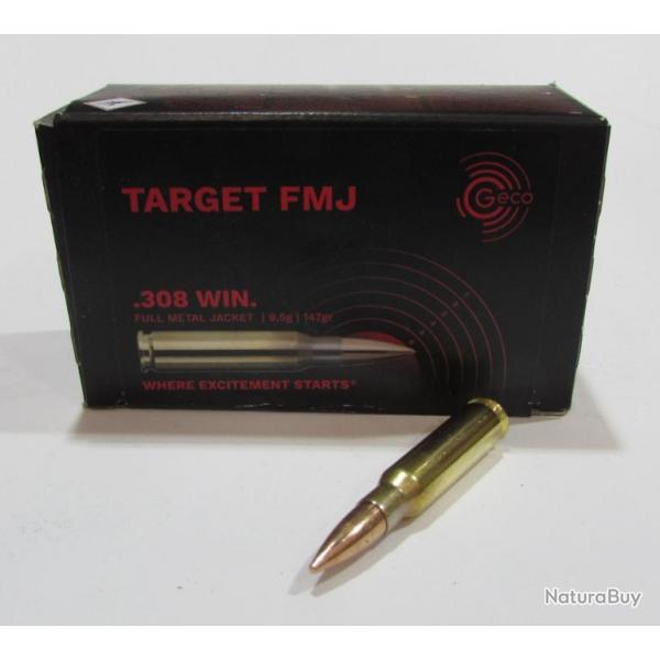 BOITE 50 CARTOUCHES GECO TARGET HP CAL 308 FMJ 147 GRAINS