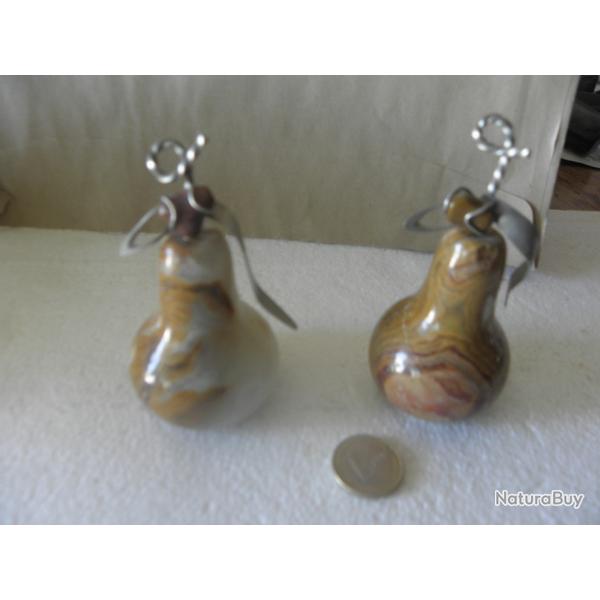PAIRE FIGURINE VINTAGE EN PIERRE AGATE MARBRE POIRE FRUIT DCORATION POIDS PAPIER