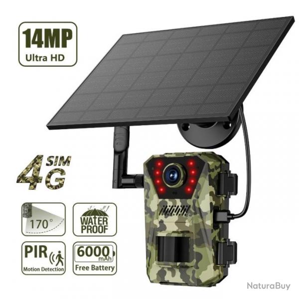 Camra de Chasse Solaire Etanche PIR Vision Nocturne Infrarouge 940nm 20m 14MP 4G