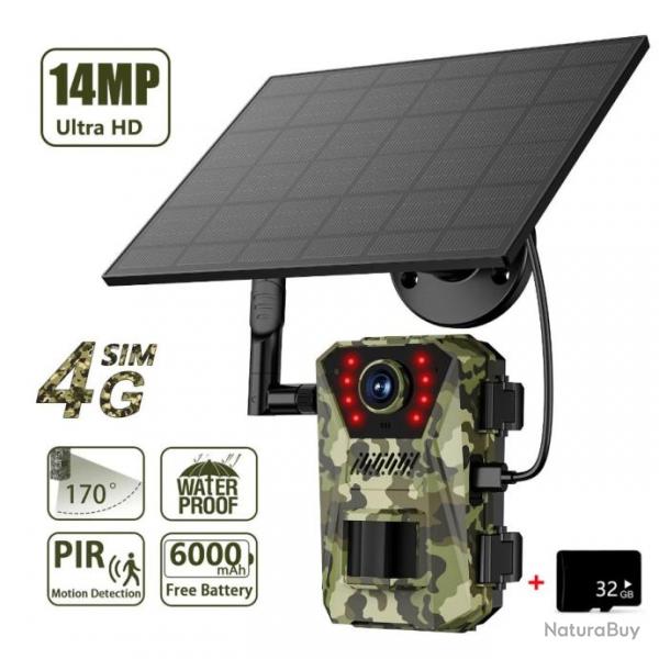 Camra de Chasse Solaire Etanche PIR Vision Nocturne Infrarouge 940nm 20m 14MP 4G Carte Mmoire 32G