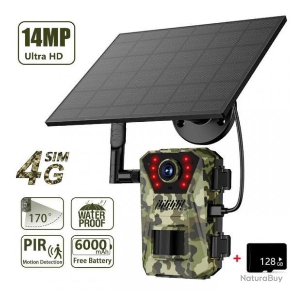 Camra de Chasse Solaire Etanche PIR Vision Nocturne Infrarouge 940nm 20m 14MP 4G Carte Mmoire 128G