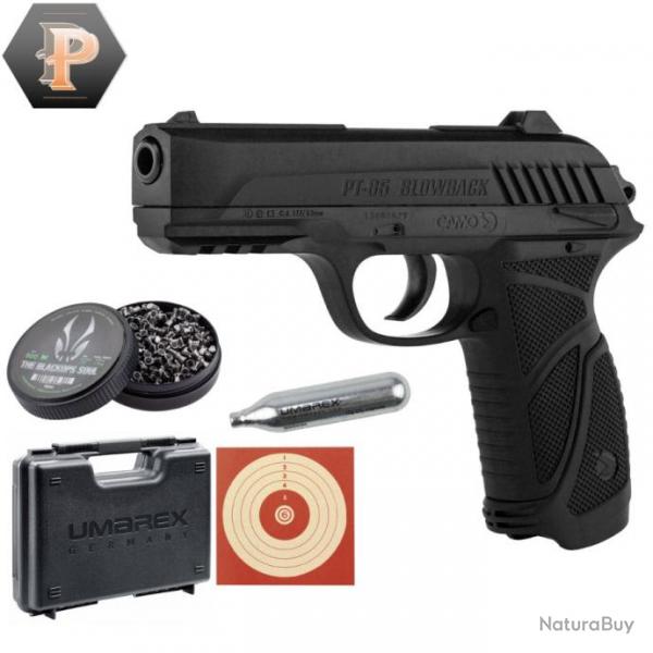 Pistolet Gamo PT-85 Blowback - 4,5 mm - CO2. Noir + plombs + capsules + cibles + mallette