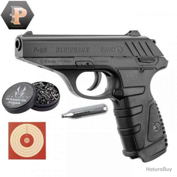 Pistolet GAMO P25 BLOWBACK - cal. 4,5 - 3,98 joules - CO2 + plombs + capsules + cibles