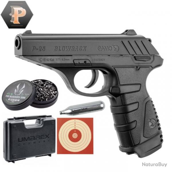 Pistolet GAMO P25 BLOWBACK - cal. 4,5 - 3,98 joules - CO2 + plombs + capsules + cibles + mallette