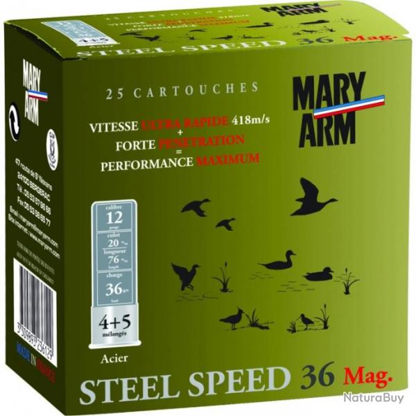 BOITE DE 25 CARTOUCHES MARY ARM STEEL SPEED 36G BOURRE JUPE CAL.12/76 PLOMB 4+5 ACIER