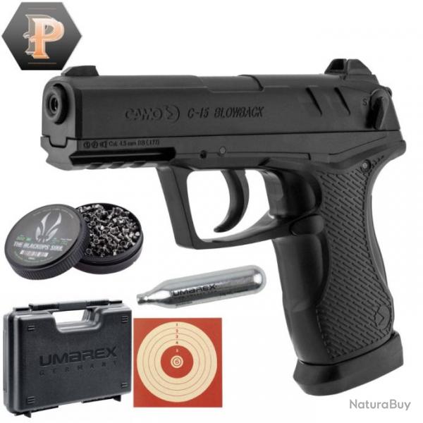 Pistolet CO2 C-15 BLOWBACK - Calibre 4,5 + plombs + capsules + cibles + mallette