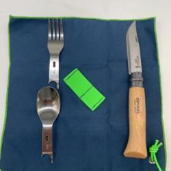 Couteau OPINEL N08 Picnic + couteau de poche 8cm, fourchette, cuillère, étui serviette